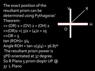 V
O
H
R
The exact position of the
resultant prism can be
determined using Pythagoras’
Theorem:
=> (OR) 2 = (OV) 2 + (OH) 2
=>(OR)2 =( 3)2 + (4)2 = 25
=>OR = 5
tan (ROH)= 3/4
Angle ROH = tan-1(3/4) = 36.87º
The resultant prism power is
5PD orientated at 37 degree.
So R Plano 5 prism dioptr UP @
37 L Plano
 