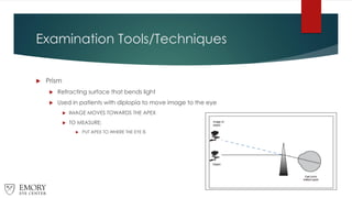 Examination Tools/Techniques
 Prism
 Refracting surface that bends light
 Used in patients with diplopia to move image to the eye
 IMAGE MOVES TOWARDS THE APEX
 TO MEASURE:
 PUT APEX TO WHERE THE EYE IS
 