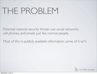 THE PROBLEM
An NSA venture
Potential national security threats use social networks,
cell phones, and emails just like norm...