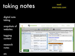 taking notes       tool:
               evernote.com


digital note
taking

snapshots of
websites

tagging
content

research
notes

etc
 