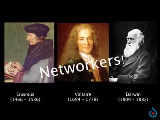 o rker s!
            Ne tw
   Erasmus         Voltaire        Darwin
(1466 – 1536)   (1694 – 1778)   (1809 – 1882)
 