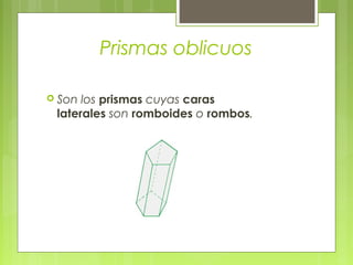 Prismas oblicuos

 Son los prismas cuyas caras
 laterales son romboides o rombos.
 