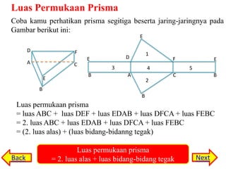 Luas Permukaan Prisma
Coba kamu perhatikan prisma segitiga beserta jaring-jaringnya pada
Gambar berikut ini:
E
D

F

A

C
E

1

D

E
3
B

F

4
A

2

E
5

C

B

B
B

Luas permukaan prisma
= luas ABC + luas DEF + luas EDAB + luas DFCA + luas FEBC
= 2. luas ABC + luas EDAB + luas DFCA + luas FEBC
= (2. luas alas) + (luas bidang-bidanng tegak)

Back

Luas permukaan prisma
= 2. luas alas + luas bidang-bidang tegak

Next

 