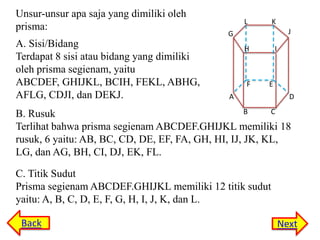 Unsur-unsur apa saja yang dimiliki oleh
prisma:
A. Sisi/Bidang
Terdapat 8 sisi atau bidang yang dimiliki
oleh prisma segienam, yaitu
ABCDEF, GHIJKL, BCIH, FEKL, ABHG,
AFLG, CDJI, dan DEKJ.

L

K
J

G
H

F

I

E

A

D

B
C
B. Rusuk
Terlihat bahwa prisma segienam ABCDEF.GHIJKL memiliki 18
rusuk, 6 yaitu: AB, BC, CD, DE, EF, FA, GH, HI, IJ, JK, KL,
LG, dan AG, BH, CI, DJ, EK, FL.

C. Titik Sudut
Prisma segienam ABCDEF.GHIJKL memiliki 12 titik sudut
yaitu: A, B, C, D, E, F, G, H, I, J, K, dan L.
Back

Next

 