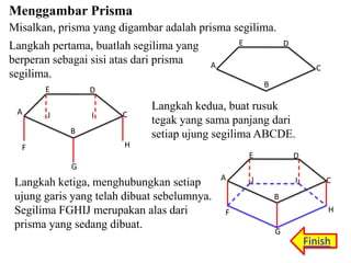 Menggambar Prisma
Misalkan, prisma yang digambar adalah prisma segilima.
Langkah pertama, buatlah segilima yang
berperan sebagai sisi atas dari prisma
segilima.
E
A

E

D

A

C
B

D

J

I

C

B

Langkah kedua, buat rusuk
tegak yang sama panjang dari
setiap ujung segilima ABCDE.

H

F

E

D

J

I

G

Langkah ketiga, menghubungkan setiap
ujung garis yang telah dibuat sebelumnya.
Segilima FGHIJ merupakan alas dari
prisma yang sedang dibuat.

A

C

B

H

F
G

Finish

 