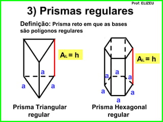 Prof: ELIZEU
3) Prismas regulares
Definição: Prisma reto em que as bases
são polígonos regulares
Prisma Triangular
regular
a
a a
AL = h
Prisma Hexagonal
regular
a
a
a
a
a
a
AL = h
 