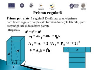 Prisma patrulateră regulată Desfăşurarea unei prisme
patrulatere regulate drepte este formată din feţele laterale, patru
dreptunghiuri şi două baze pătrate.
Diagonala:
l
l
d
2l
h
l h
d2 = h2 + 2l2
2
b 2lhP +×blt A2AA =×+=
bhP4lh4AA fl ===
hlhAV 2
b ==
 