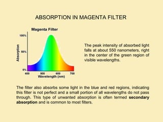 ABSORPTION IN MAGENTA FILTER
The filter also absorbs some light in the blue and red regions, indicating
this filter is not perfect and a small portion of all wavelengths do not pass
through. This type of unwanted absorption is often termed secondary
absorption and is common to most filters.
The peak intensity of absorbed light
falls at about 550 nanometers, right
in the center of the green region of
visible wavelengths.
 