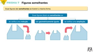 Figuras semelhantes
Duas figuras são semelhantes se tiverem a mesma forma.
se verifica uma redução.
Duas figuras dizem-se semelhantes se:
se verifica uma ampliação.
são geometricamente iguais.
 