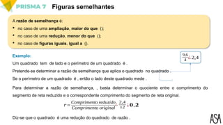 A razão de semelhança é:
 no caso de uma ampliação, maior do que ();
 no caso de uma redução, menor do que ();
 no caso de figuras iguais, igual a ().
Figuras semelhantes
Exemplo:
Um quadrado tem de lado e o perímetro de um quadrado é .
Se o perímetro de um quadrado é , então o lado deste quadrado mede .
Pretende-se determinar a razão de semelhança que aplica o quadrado no quadrado .
9,6
4
¿2,4
Para determinar a razão de semelhança, , basta determinar o quociente entre o comprimento do
segmento de reta reduzido e o correspondente comprimento do segmento de reta original.
𝑟 =
Comprimento reduzido
Comprimento original
¿
2,4
12 ¿𝟎,𝟐
Diz-se que o quadrado é uma redução do quadrado de razão .
 