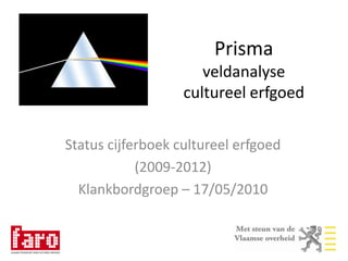 Prisma veldanalyse cultureel erfgoed Status cijferboek cultureel erfgoed (2009-2012) Klankbordgroep – 17/05/2010 