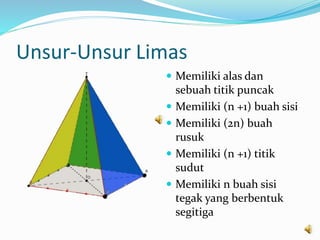 Unsur-Unsur Limas
 Memiliki alas dan
sebuah titik puncak
 Memiliki (n +1) buah sisi
 Memiliki (2n) buah
rusuk
 Memiliki (n +1) titik
sudut
 Memiliki n buah sisi
tegak yang berbentuk
segitiga
 