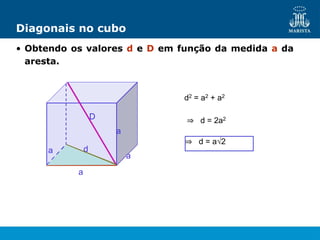 Diagonais no cubo
• Obtendo os valores d e D em função da medida a da
aresta.
a
a
a
d
D
a
d2 = a2 + a2
⇒ d = 2a2
⇒ d = a√2
 