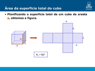 Área da superfície total do cubo
• Planificando a superfície total de um cubo de aresta
a, obtemos a figura.
a
a
a
a
a
a
a
AT = 6a2
 
