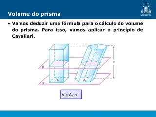 Volume do prisma
• Vamos deduzir uma fórmula para o cálculo do volume
do prisma. Para isso, vamos aplicar o princípio de
Cavalieri.
V = AB.h
 
