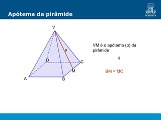 V
A B
C
D
Apótema da pirâmide
VM é o apótema (p) da
pirâmide
p
M
⇒
BM = MC
 