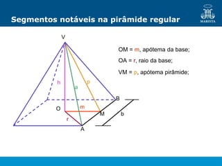 Segmentos notáveis na pirâmide regular
OM = m, apótema da base;
V
B
A
M
O
a
h
m
r
p
b
OA = r, raio da base;
VM = p, apótema pirâmide;
 