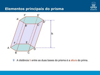 Elementos principais do prisma
h
A
B C
D
E
F
A’
B’ C’
D’
E’
F’
 A distância h entre as duas bases do prisma é a altura do prima.
 