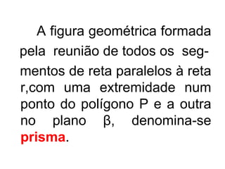 A figura geométrica formada  pela  reunião de todos os  seg- mentos de reta paralelos à reta r,com uma extremidade num ponto do polígono P e a outra no plano  β , denomina-se  prisma . 