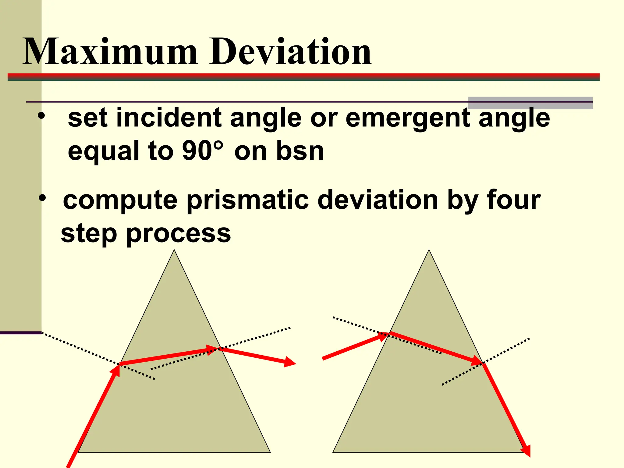 Maximum Deviation
• set incident angle or emergent angle
  equal to 90° on bsn
• compute prismatic deviation by four
  step process
 