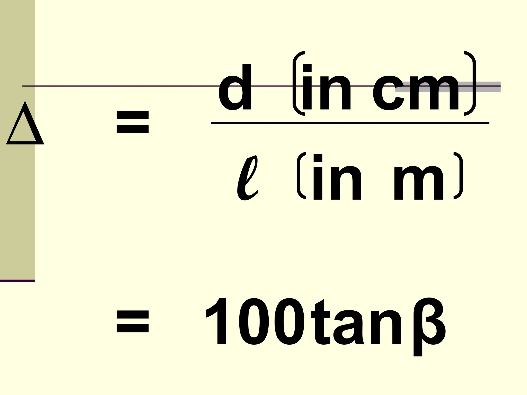d in cm
∆   =
         l in m

    = 100tanβ
 
