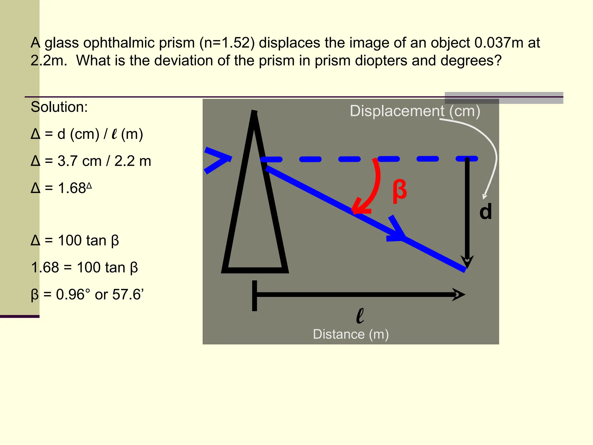A glass ophthalmic prism (n=1.52) displaces the image of an object 0.037m at
2.2m. What is the deviation of the prism in prism diopters and degrees?


Solution:                                      Displacement (cm)
Δ = d (cm) / l (m)
Δ = 3.7 cm / 2.2 m
Δ = 1.68Δ                                                β
                                                                  d
Δ = 100 tan β
1.68 = 100 tan β
β = 0.96° or 57.6’
                                                l
                                          Distance (m)
 