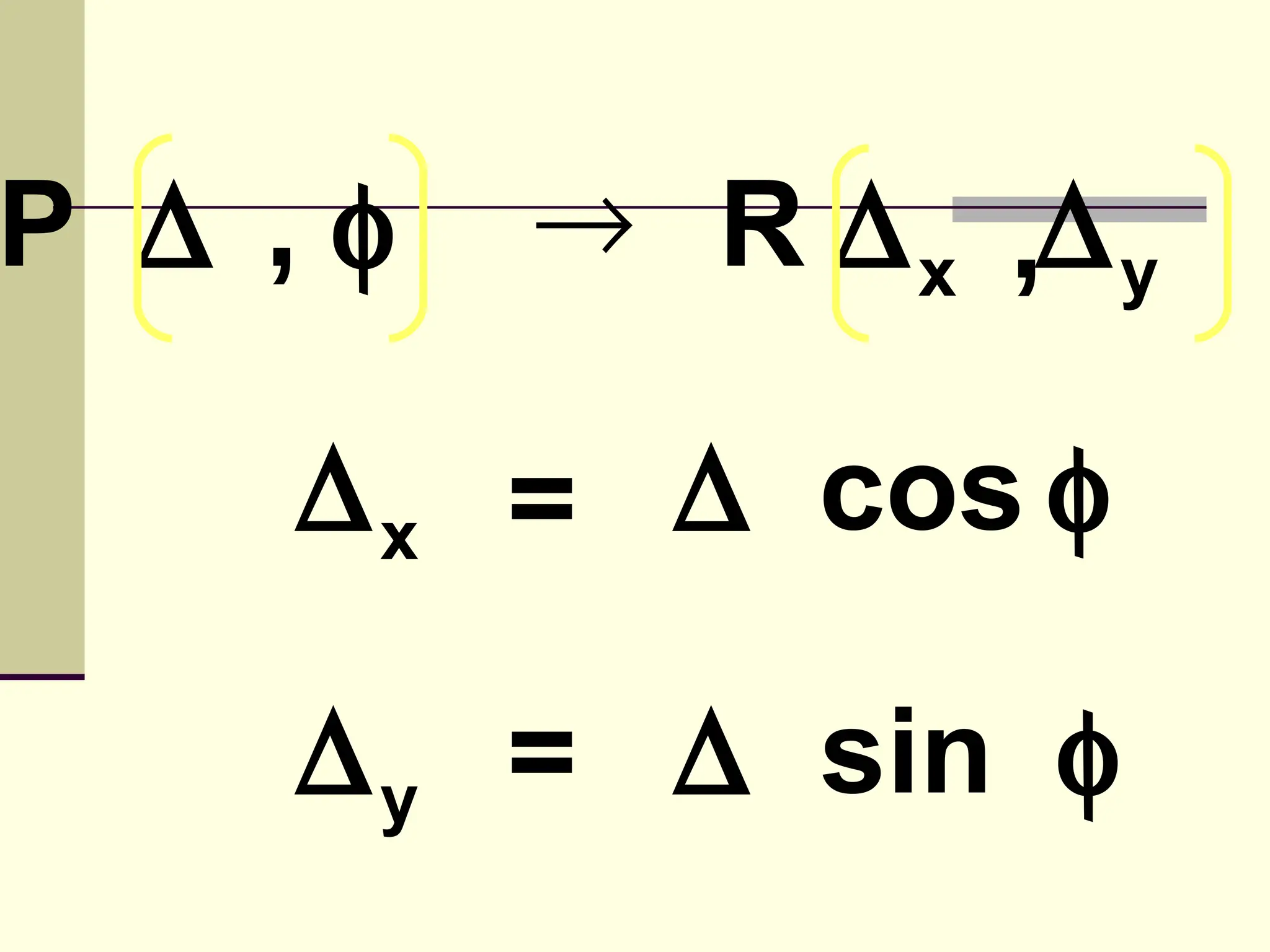 P ∆ ,φ   → R ∆ x ,∆ y

    ∆ x = ∆ cos φ

    ∆ y = ∆ sin φ
 