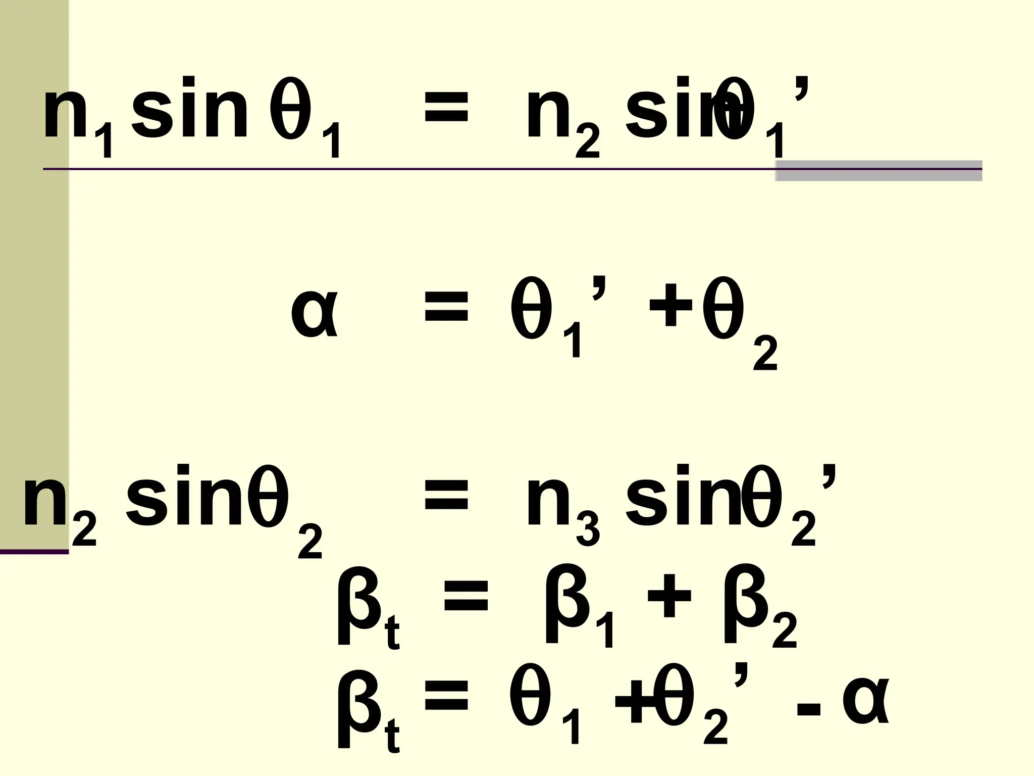 n1 sin θ 1 = n2 sin 1’
                  θ

       α = θ 1’ + θ 2

n2 sinθ 2      = n3 sinθ 2’
            βt = β1 + β2
            βt = θ 1 +θ 2’ - α
 