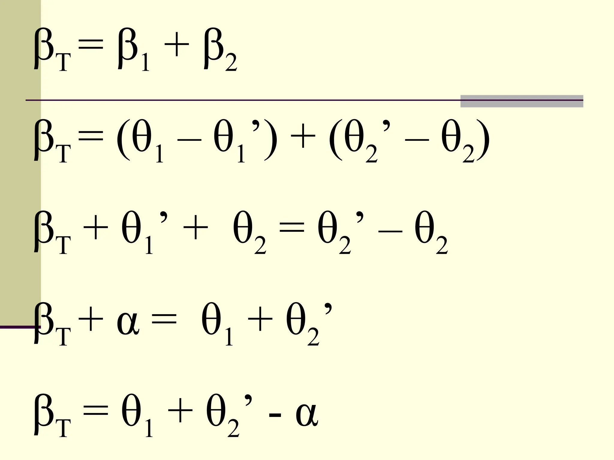 βT = β1 + β2
βT = (θ1 – θ1’) + (θ2’ – θ2)
β T + θ1 ’ + θ2 = θ2 ’ – θ2
β T + α = θ1 + θ2 ’
β T = θ1 + θ2 ’ - α
 