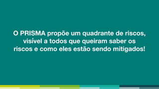 O PRISMA propõe um quadrante de riscos,
visível a todos que queiram saber os
riscos e como eles estão sendo mitigados!
 