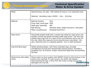 Technical Specification Motor & Drive System Motor Asynchronous, 25 watt,  230 volts/0,32 amp or 115 volts/0,65 amp. Optional:  Brushless motor 24VDC – 15w -  0,8 Amp Material Bearing housing  Zinc,  Prism seat, bevel gear POM Shaft gear assembly  PBT Ball bearing  Stainless steel, sealed and perm. lubricated Motor console/cover  Anodised aluminium Wave drive Horizontal twisted shaft with a conical cog wheel for each prism and another conical cog-wheel mounted under each prism. The first cog-wheels have cogs only on a part of the circumference and a cam on the rest. When the cogs are not turning the prism cog wheel - the cam, hold the prism in a blocked position. Turn in both  directions. Cog Grip Bevel gear Patent pending design, with three extended cogs, provides simultaneous turning and mechanically locking actions. Provides a smoother turn of of prism. Proper mechanical alignment and perfectly flat face Direct drive with safety clutch Direct motor to drive system with SAFETY Clutch to limit torque in the event of an overload. If a jam occurs, the clutch will release, disconnecting the sign´s drive from the motor to help ensure that damaged not incurred. 
