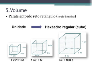 5.Volume
• Paralelepípedo reto retângulo (noção intuitiva)

    Unidade                   Hexaedro regular (cubo)




   1 cm3 = 1ml   1 dm3 = 1l          1 m3 = 1000 l
 