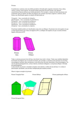 Prismas
Consideremos o prisma como um sólido geométrico formado pelos seguintes elementos: base, altura,
vértices, arestas e faces laterais. Os prismas podem apresentar diversas formas, mas algumas
características básicas definem esse sólido geométrico. Por exemplo, o número de faces do prisma será
exatamente igual ao número de lados do polígono que constitui suas bases (superior e inferior), dessa
forma, sua classificação quanto ao número de lados pode ser:
Triangular – base constituída de triângulos.
Quadrangular – base constituída de quadriláteros.
Pentagonal – base constituída de pentágonos.
Hexagonal – base constituída de hexágonos.
Heptagonal – base constituída de heptágonos.
Octogonal – base constituída de octógonos.
Os prismas também podem ser classificados como retos ou oblíquos. Os prismas retos são aqueles em que
a aresta lateral forma com a base um ângulo de 90º, os oblíquos são aqueles em que as arestas formam
ângulos diferentes de 90º.

Todos os prismas possuem área da base, área lateral, área total e volume. Todas essas medidas dependem
do formato do polígono que se encontra nas bases; por exemplo, os prismas acima possuem em sua base
um pentágono, portanto, para calcularmos a área dessa base devemos determinar a área do pentágono. No
caso do prisma pentagonal reto, as faces laterais constituem retângulos e a do prisma oblíquo é formada
por paralelogramos.
A área total de um prisma é calculada somando a área lateral e o dobro da área da base. E o volume é
determinado calculando a área da base multiplicada pela medida da altura.
Observe alguns exemplos de prismas:
Prisma Triangular Reto

Prisma Hexagonal Reto

Prisma Oblíaco

Prisma quadrangular oblíaco

 