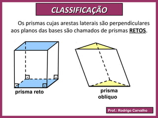 Prof.: Rodrigo Carvalho
CLASSIFICAÇÃOCLASSIFICAÇÃO
Os prismas cujas arestas laterais são perpendiculares
aos planos das bases são chamados de prismas RETOS.
prisma reto prisma
oblíquo
.
.
.
.
 