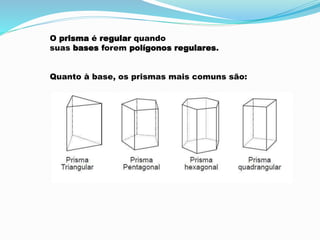 O prisma é regular quando
suas bases forem polígonos regulares.
Quanto à base, os prismas mais comuns são:
 