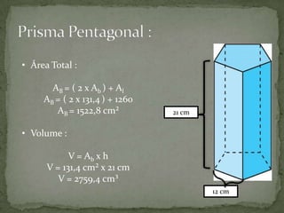 • Área Total :
AB = ( 2 x Ab ) + A l
AB = ( 2 x 131,4 ) + 1260
AB = 1522,8 cm²

21 cm

• Volume :

V = Ab x h
V = 131,4 cm² x 21 cm
V = 2759,4 cm³
12 cm

 