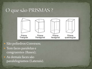  São poliedros Convexos;
 Tem faces paralelas e

congruentes (Bases);
 As demais faces são
paralelogramos (Laterais).

 