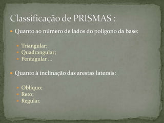  Quanto ao número de lados do polígono da base:
 Triangular;
 Quadrangular;
 Pentagular ...

 Quanto à inclinação das arestas laterais:
 Oblíquo;
 Reto;
 Regular.

 