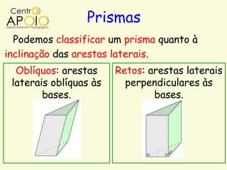 Prismas
  Podemos classificar um prisma quanto à
inclinação das arestas laterais.
  Oblíquos: arestas     Retos: arestas laterais
 laterais oblíquas às     perpendiculares às
        bases.                  bases.
 