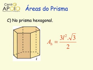 Áreas do Prisma
C) No prisma hexagonal.


                           2
                          3l . 3
                    Ab
                             2
 