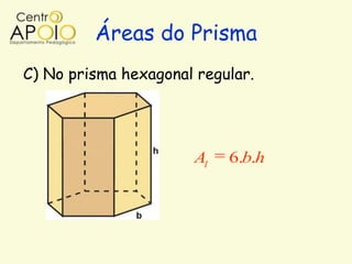 Áreas do Prisma
C) No prisma hexagonal regular.




                      Al   6.b.h
 