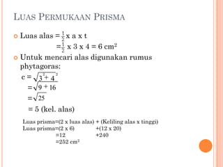 LUAS PERMUKAAN PRISMA
 Luas alas = x a x t
             = x 3 x 4 = 6 cm2
 Untuk mencari alas digunakan rumus
  phytagoras:
         2   2
  c= 3 4
    = 9 16
    = 25
    = 5 (kel. alas)
    Luas prisma=(2 x luas alas) + (Keliling alas x tinggi)
    Luas prisma=(2 x 6)         +(12 x 20)
               =12              +240
               =252 cm2
 