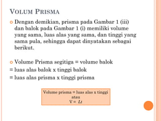 VOLUM PRISMA
   Dengan demikian, prisma pada Gambar 1 (iii)
    dan balok pada Gambar 1 (i) memiliki volume
    yang sama, luas alas yang sama, dan tinggi yang
    sama pula, sehingga dapat dinyatakan sebagai
    berikut.

 Volume Prisma segitiga = volume balok
= luas alas balok x tinggi balok
= luas alas prisma x tinggi prisma

               Volume prisma = luas alas x tinggi
                            atau
                           V = Lt
 