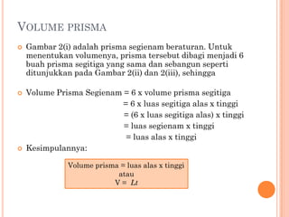 VOLUME PRISMA
   Gambar 2(i) adalah prisma segienam beraturan. Untuk
    menentukan volumenya, prisma tersebut dibagi menjadi 6
    buah prisma segitiga yang sama dan sebangun seperti
    ditunjukkan pada Gambar 2(ii) dan 2(iii), sehingga

   Volume Prisma Segienam = 6 x volume prisma segitiga
                           = 6 x luas segitiga alas x tinggi
                           = (6 x luas segitiga alas) x tinggi
                           = luas segienam x tinggi
                            = luas alas x tinggi
   Kesimpulannya:

               Volume prisma = luas alas x tinggi
                            atau
                           V = Lt
 