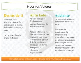Prisma Soluciones en Información – El Valor de la Información Empresarial
Nuestros Valores
Detrás de ti
Tomamos cada
proyecto como si fuera
nuestro, con la misma
dedicación, enfoque y
amor.
Un compromiso sin
grietas ni fisuras.
Al tu lado
Nuestro trabajo se
fundamenta en
alcanzar las metas de
nuestros clientes.
Por eso estamos a su
lado, colaborando con
su equipo para crear
soluciones en gestión
de información que
persiguen objetivos
de negocio y
eficiencia
organizacional.
Adelante
No nos conformamos,
no tenemos miedo a lo
nuevo.
Buscamos las
soluciones más
imaginativas y
avanzadas, explorando
las últimas tendencias y
metodologías para ir
siempre un paso por
delante y hacer nuestro
trabajo cada vez mejor.
 