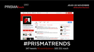 JEUDI 20 NOVEMBRE 
#PRISMATRENDS 
#PRISMATRENDS 
347 
tweets 
90 
contributeurs 
183 
251 
reach 
 