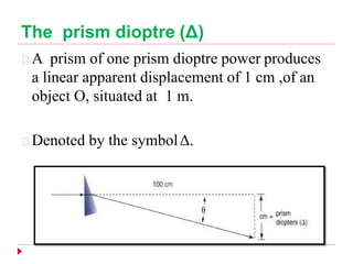 The prism dioptre (Δ)
A prism of one prism dioptre power produces
a linear apparent displacement of 1 cm ,of an
object O, situated at 1 m.
Denoted by the symbolΔ.
 