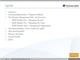 Agenda

    •     About Us
    •     Learning Opportunities : Programs Offered
    •     The Drucker Management Path : An Overview
           – DMP Module One : Managing Oneself
           – DMP Module Two : Managing My Team
           – DMP Module Three : Managing for Opportunity
    •     Teaching technique: Learn, Explore & Apply
    •     Who should attend?
    •     Delivery Schedule
    •     Faculty Profile
    •     Q&A




2   Sep ‘11   PRISM CENTER OF LEARNING PVT. LTD.           T
 