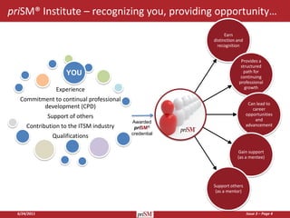 priSM® Institute – recognizing you, providing opportunity…
                                                             Earn
                                                       distinction and
                                                         recognition


                                                                     Provides a
                                                                     structured
                    YOU                                               path for
                                                                     continuing
                                                                    professional
                 Experience                                            growth

   Commitment to continual professional
                                                                          Can lead to
          development (CPD)                                                 career
              Support of others                                          opportunities
                                          Awarded                            and
      Contribution to the ITSM industry                                  advancement
                                           priSM®
                                          credential
               Qualifications

                                                                   Gain support
                                                                   (as a mentee)




                                                       Support others
                                                        (as a mentor)



  6/24/2011                                                              Issue 3 – Page 4
 