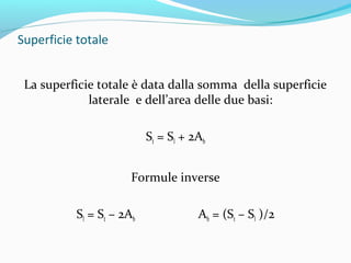 Superficie totale
La superficie totale è data dalla somma della superficie
laterale e dell’area delle due basi:
St = Sl + 2Ab
Formule inverse
Sl = St – 2Ab

Ab = (St – Sl )/2

 